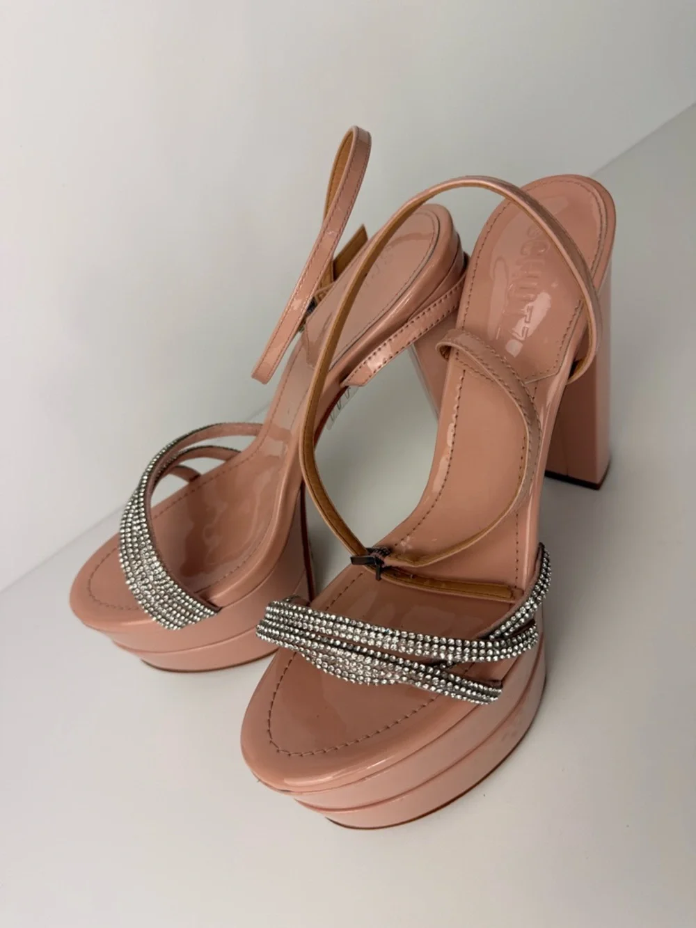 Schutz Piper Platform Heels 7.5B Sweet Rose Pink‎ Rhinestone Strappy Sandals